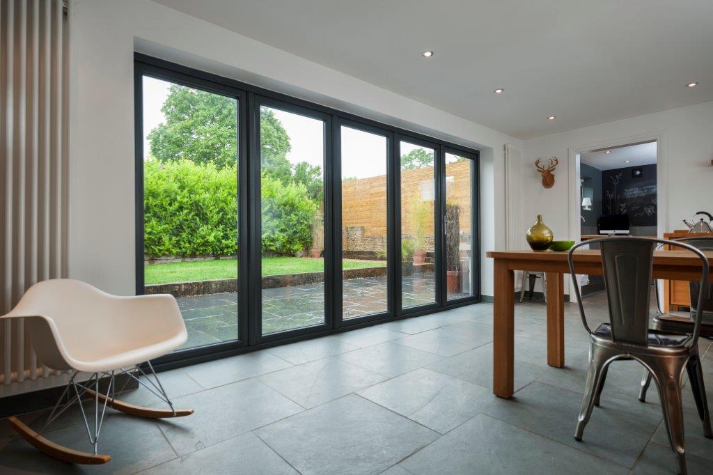 Internal view of a Grey 5 section Bi Fold Door